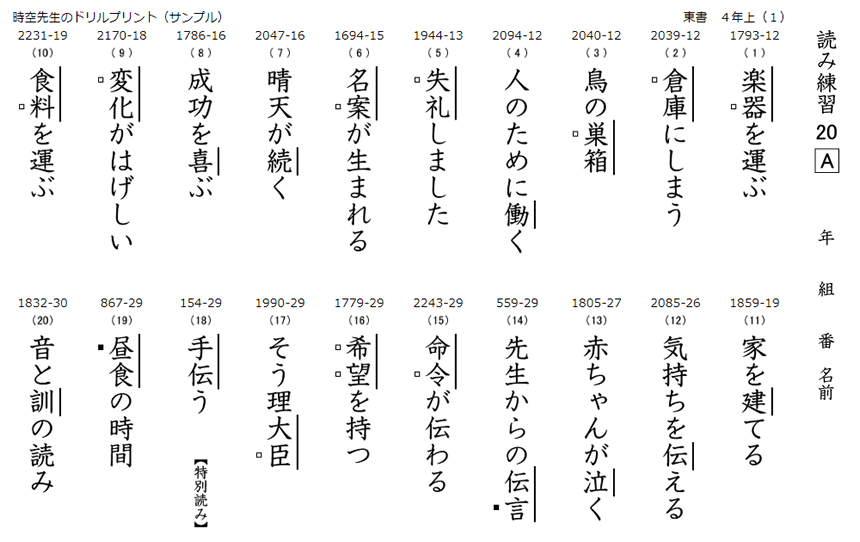 教科書の新漢字の読み練習プリント